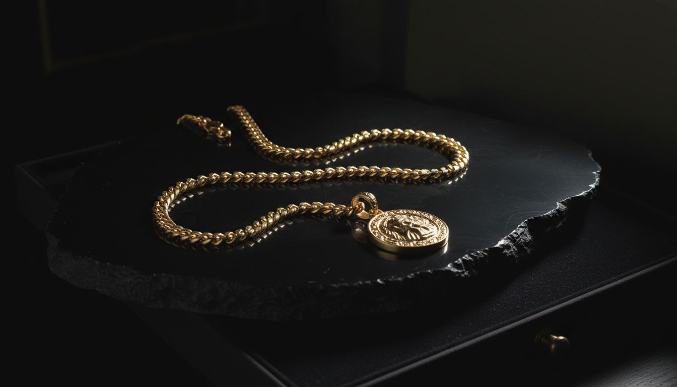 A signature Aurelia chain laid on dark stone